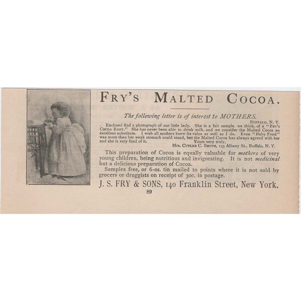 Vintage 1891 Frys Malted Cocoa Antique Print Ad J. S. Fry & Sons New York VG+ - Picture 1 of 1
